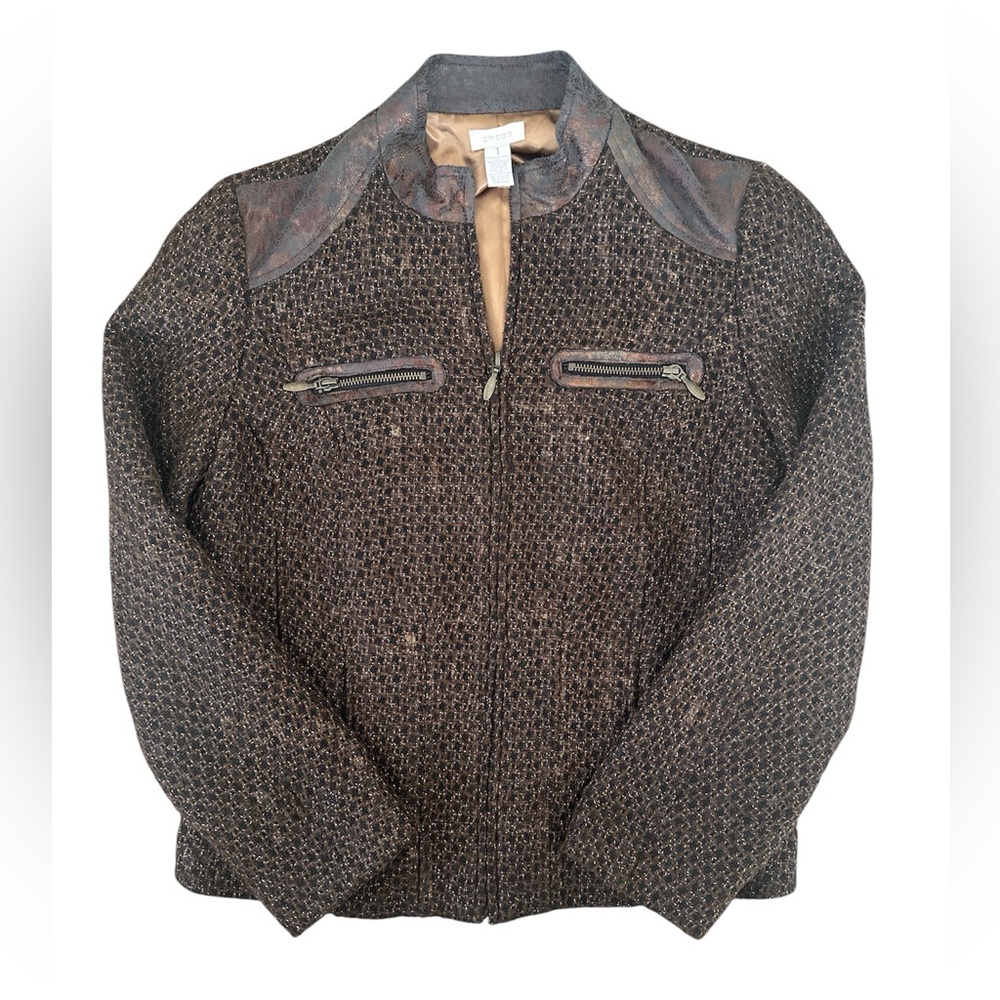 CHICO'S Kellina Bronze Brown Black Tweed Zip Up Jacket Blazer Sz 1 S Pockets EUC